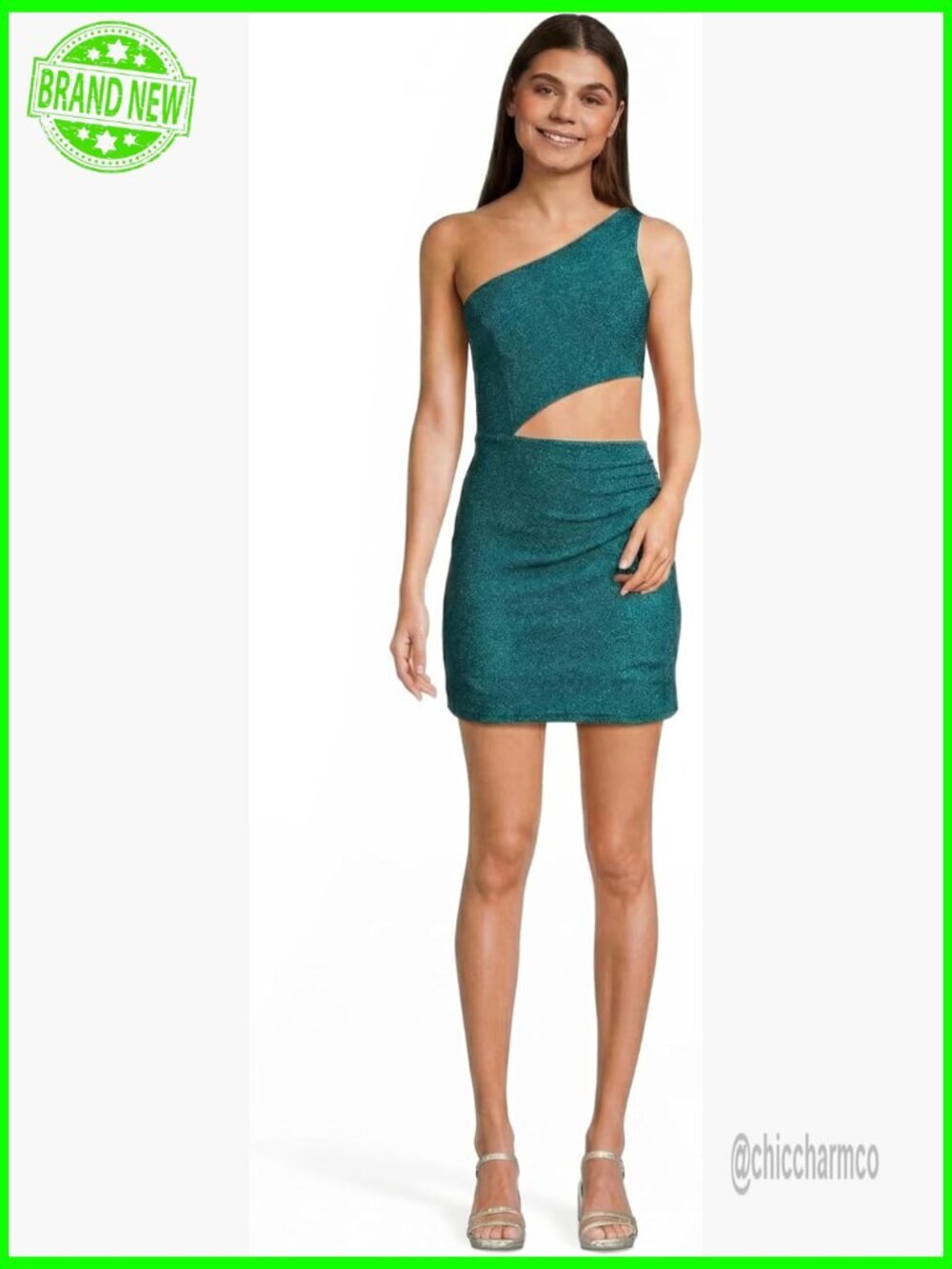 One Shoulder Metallic Mini Dress with Cutout Bodycon Cocktail Party